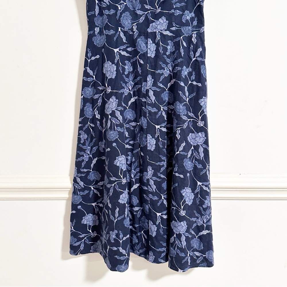 GAP Linen Navy Floral Feminine Flirty Blue Midi Summer Dress - Picture 2 of 10